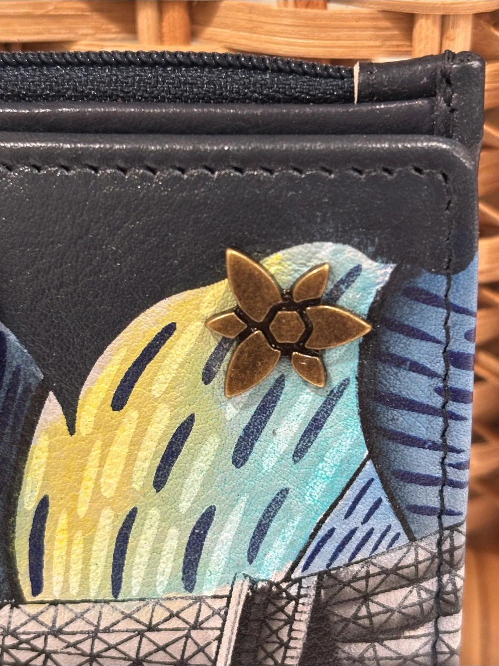Anuschka Hand-Painted Love in Paris Butterfly Navy RFID Bifold Wallet  NWOT